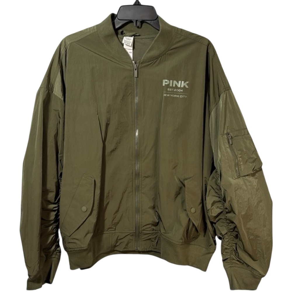 Victoria Secret PINK Jacket Green Bomber Zip‎ Front Ruched Sleeves Size XXL. NWT